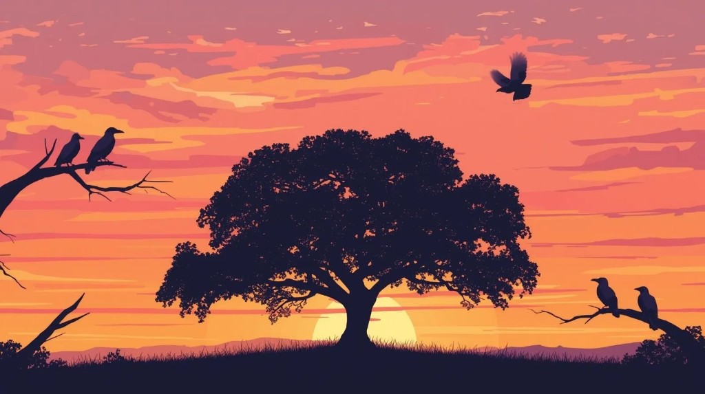Illustration: a large silhouetted tree at sunset with ravens on the branches and one in flight, orange and purple sky